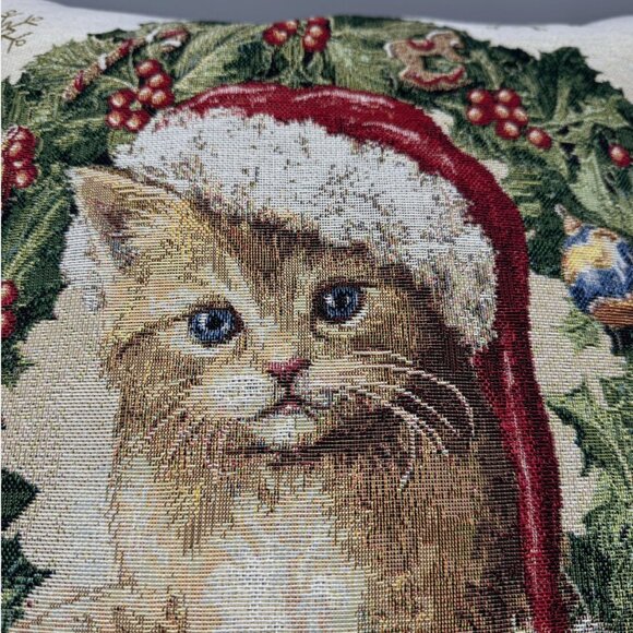 Caldeira Christmas Santa Hat Cat Wreath Snowflake Decorative Pillow Tapestry 19" - Picture 2 of 9